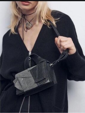 Zara Patchwork Denim Mini City Bag Crossbody Purse Black Gray